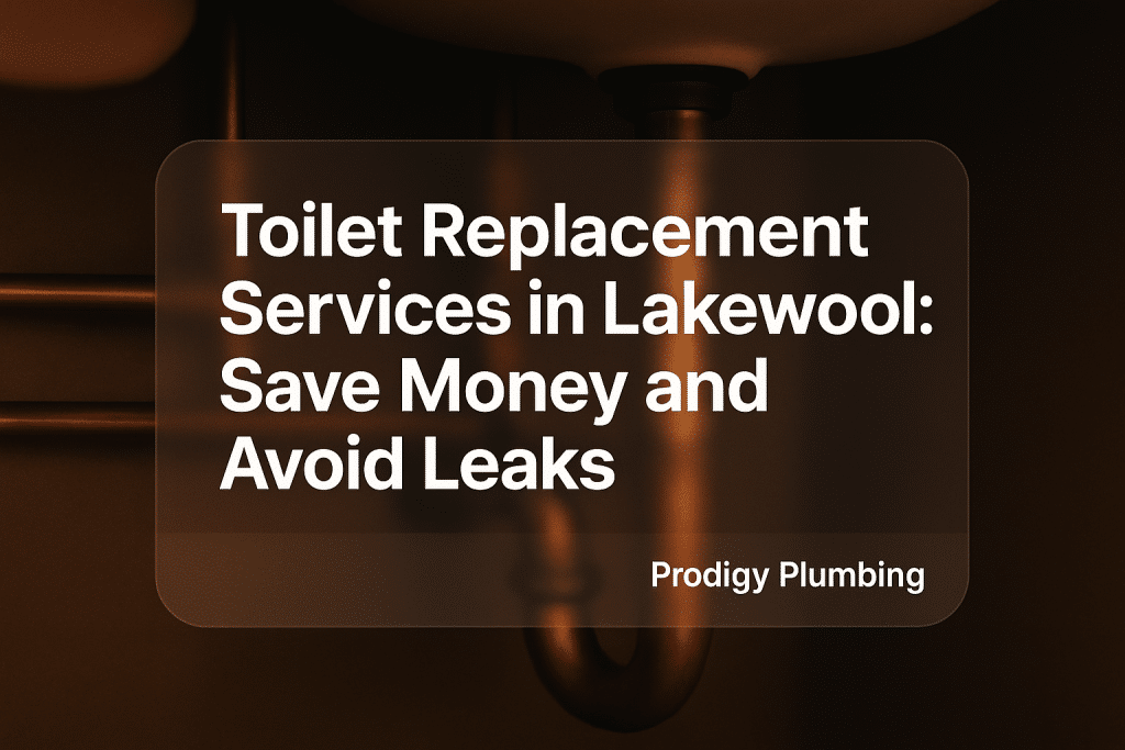 Clean typography design with bold text for toilet replacement services by Prodigy Plumbing in Lakewood.