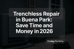 Bold typography design for trenchless repair by Prodigy Plumbing, featuring a warm background.