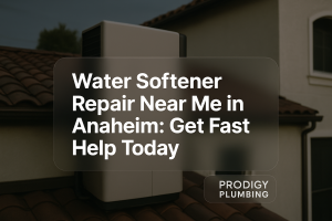 Clean typography design with bold text for water softener repair near me by Prodigy Plumbing.