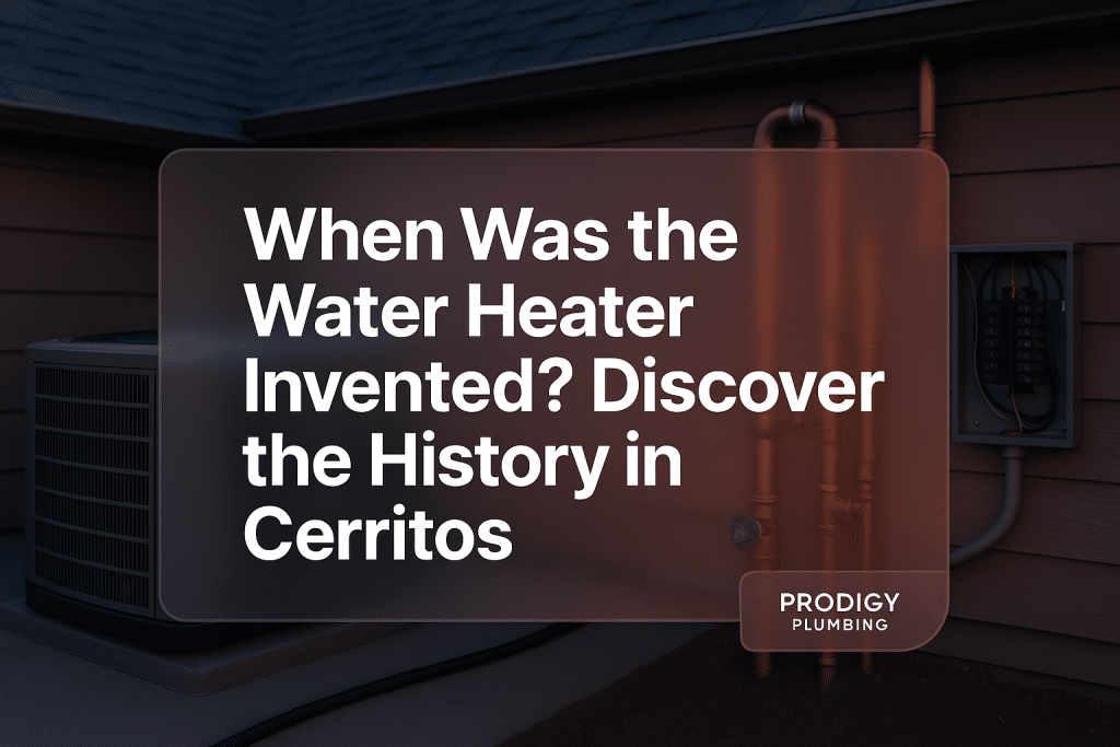 Bold text design for blog 'When Was the Water Heater Invented?' by Prodigy Plumbing. Professional style.