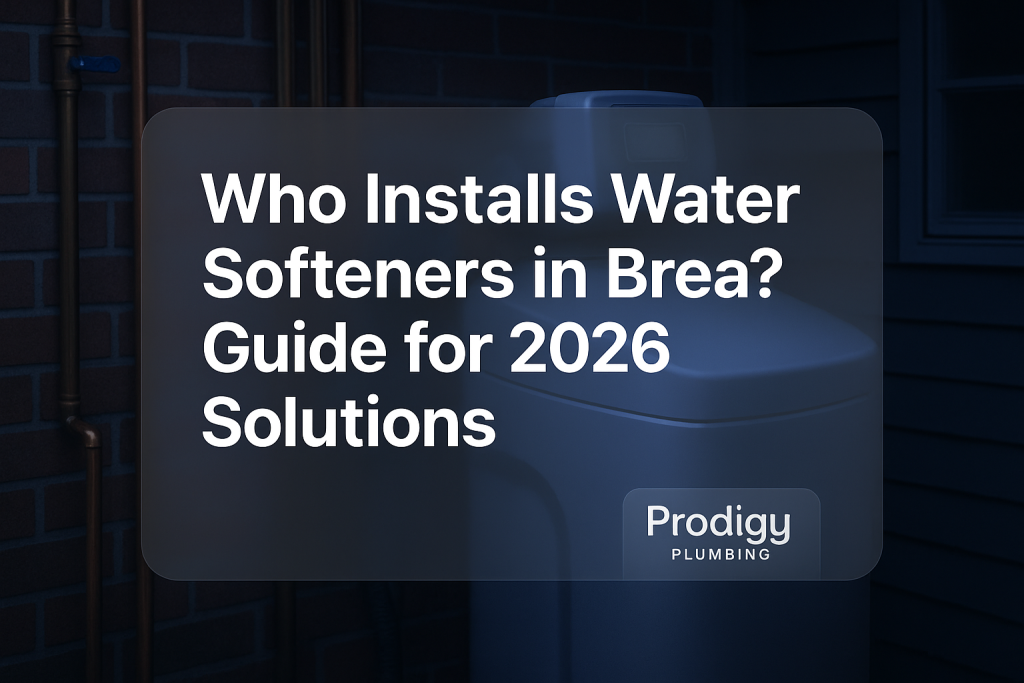 Bold typography design for Prodigy Plumbing's blog on who installs water softeners in Brea.