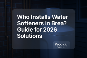 Bold typography design for Prodigy Plumbing's blog on who installs water softeners in Brea.