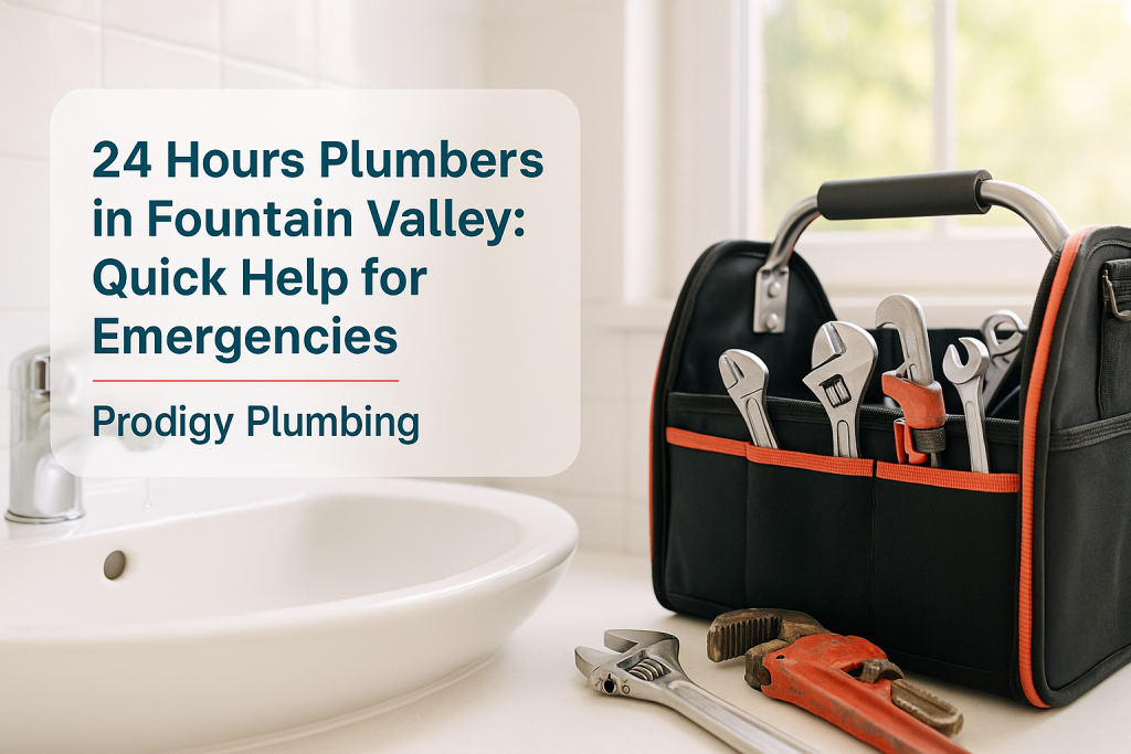 A plumber's toolkit in a clean bathroom, illustrating 24 hours plumbers by Prodigy Plumbing.