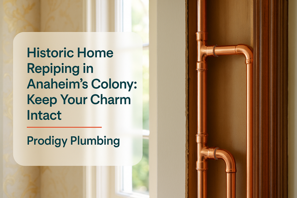 Exposed plumbing in a historic Anaheim home showing a repiping by Prodigy Plumbing.