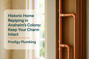 Exposed plumbing in a historic Anaheim home showing a repiping by Prodigy Plumbing.