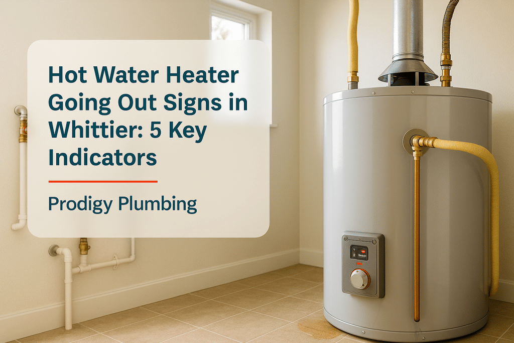 A residential utility room with a hot water heater showing potential signs of going out, by Prodigy Plumbing.