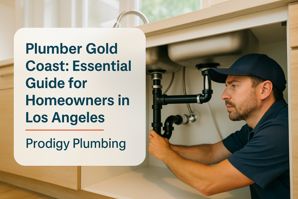 Plumber gold coast works on an under-sink plumbing system in a clean Los Angeles kitchen for Prodigy Plumbing.