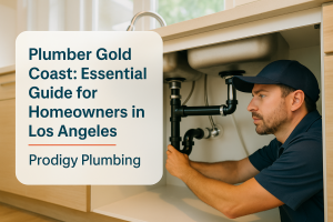 Plumber gold coast works on an under-sink plumbing system in a clean Los Angeles kitchen for Prodigy Plumbing.