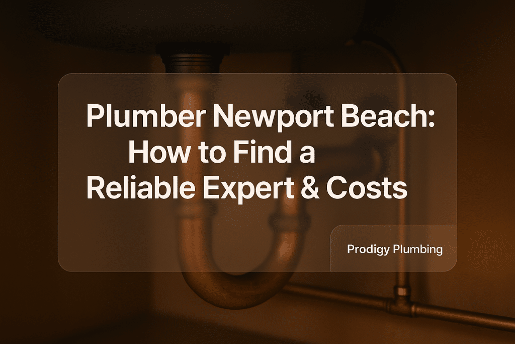 Typography design for 'Plumber Newport Beach: How to Find a Reliable Expert & Costs' by Prodigy Plumbing. Clean and modern style.