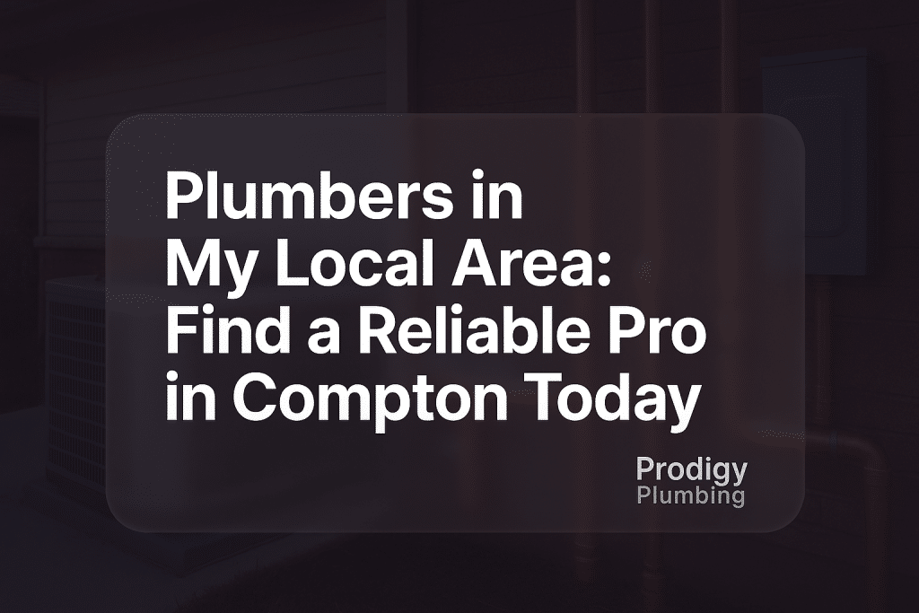 Typography design with bold text 'Plumbers in My Local Area: Find a Reliable Pro in Compton Today' from Prodigy Plumbing.