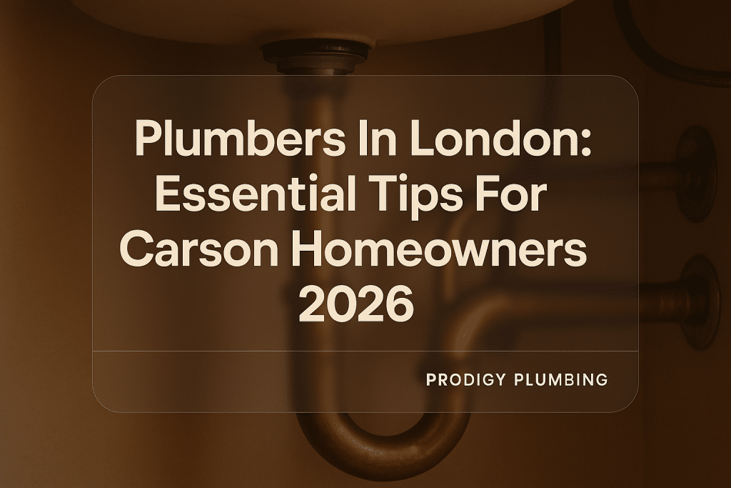 Bold typography design featuring 'Plumbers In London: Essential Tips For Carson Homeowners 2026' by Prodigy Plumbing on a plumbing-themed background.