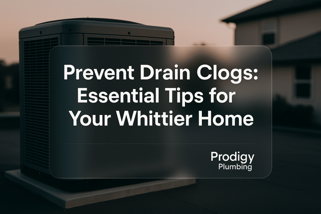Typography design for Prodigy Plumbing featuring bold text: Prevent Drain Clogs: Essential Tips for Your Whittier Home.
