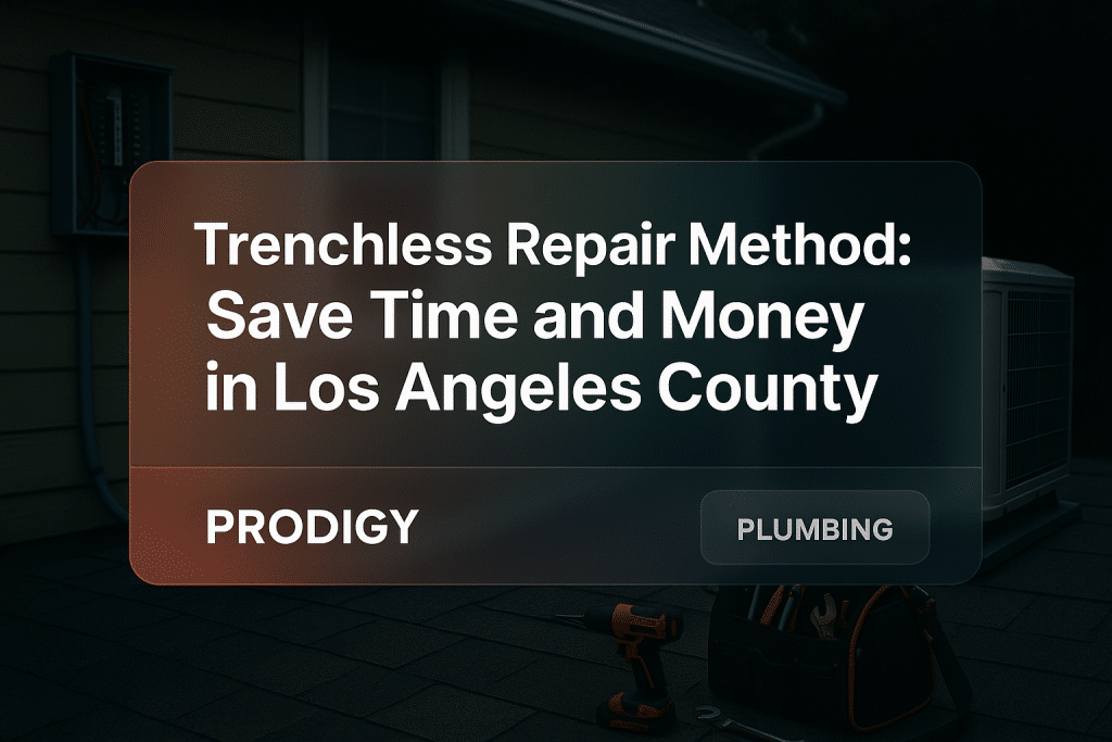 Bold modern typography design for 'Trenchless Repair Method: Save Time and Money in Los Angeles County' by Prodigy Plumbing.