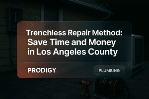Bold modern typography design for 'Trenchless Repair Method: Save Time and Money in Los Angeles County' by Prodigy Plumbing.