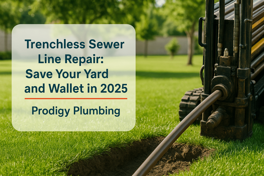 Trenchless sewer line repair equipment in a clean backyard, represented by Prodigy Plumbing.