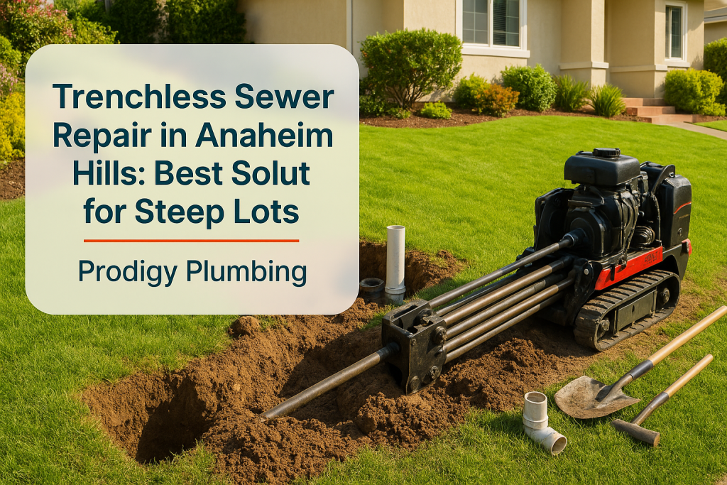 Trenchless sewer repair equipment in a residential yard in Anaheim Hills, showcasing Prodigy Plumbing's service.