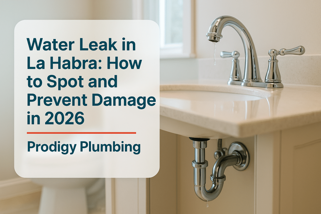 A bathroom sink with a water leak, illustrating plumbing issues for Prodigy Plumbing in La Habra.