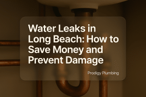Clean typography design for 'Water Leaks in Long Beach: How to Save Money and Prevent Damage' by Prodigy Plumbing, featuring bold text.