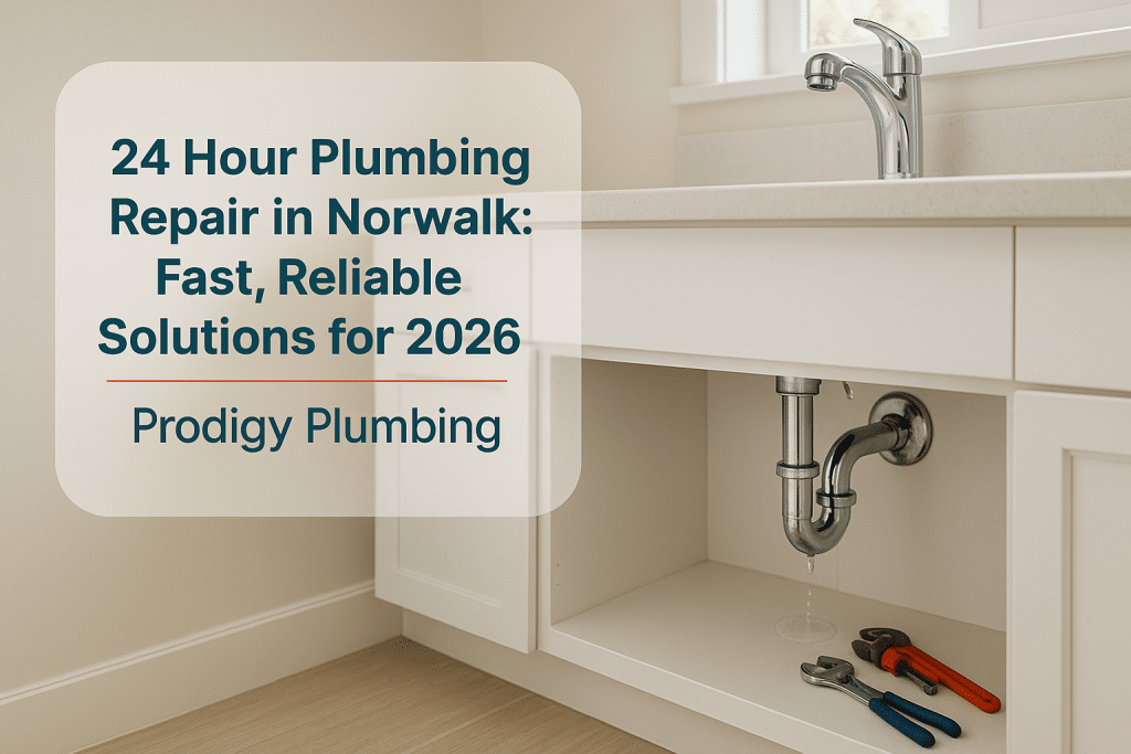 Under-sink view of a plumbing leak in a clean bathroom, from Prodigy Plumbing, illustrating 24 hour plumbing repair.