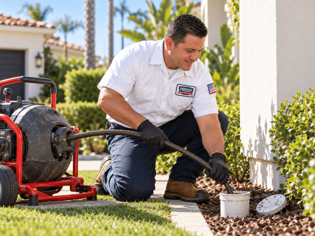 Prodigy Plumbing technician performing sewer and drain service with a drain snake at an outdoor cleanout.
