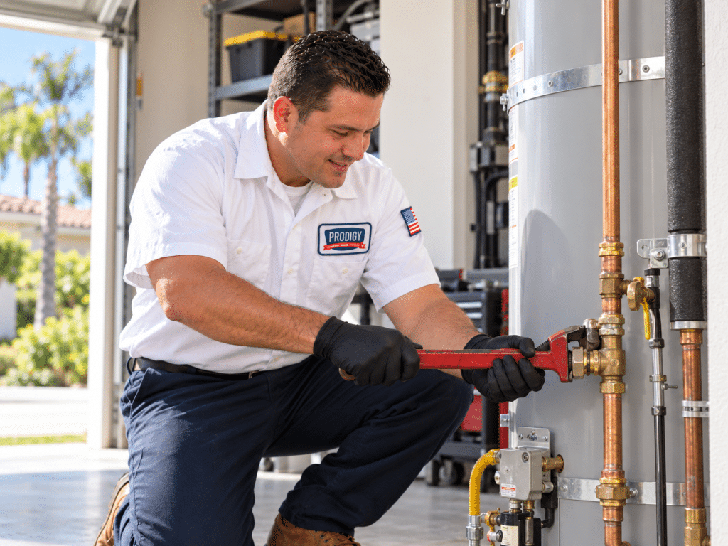 Prodigy Plumbing technician performing water heater service with a pipe wrench on tank piping connections.