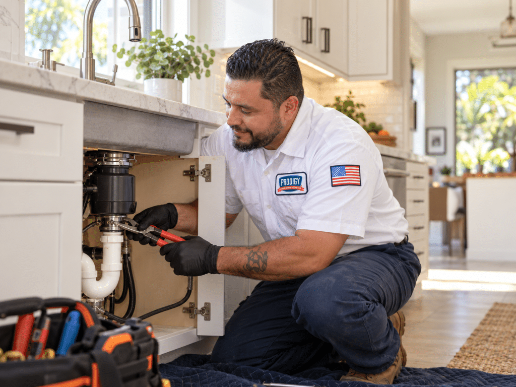 Prodigy Plumbing technician performing plumbing repair beneath a kitchen sink using red-handled pliers.