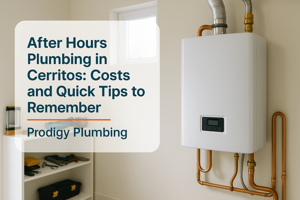 Modern water heater in a clean utility room, representing after hours plumbing services by Prodigy Plumbing.