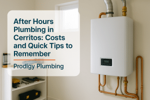 Modern water heater in a clean utility room, representing after hours plumbing services by Prodigy Plumbing.