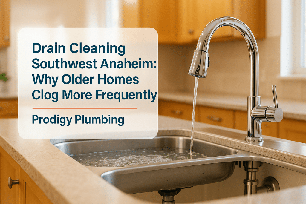 A modern kitchen sink with a slight overflow, representing drain cleaning needs for older homes, by Prodigy Plumbing.