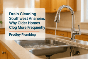 A modern kitchen sink with a slight overflow, representing drain cleaning needs for older homes, by Prodigy Plumbing.