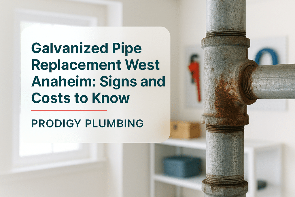 Corroded galvanized pipes in a clean utility room, representing galvanized pipe replacement by Prodigy Plumbing.
