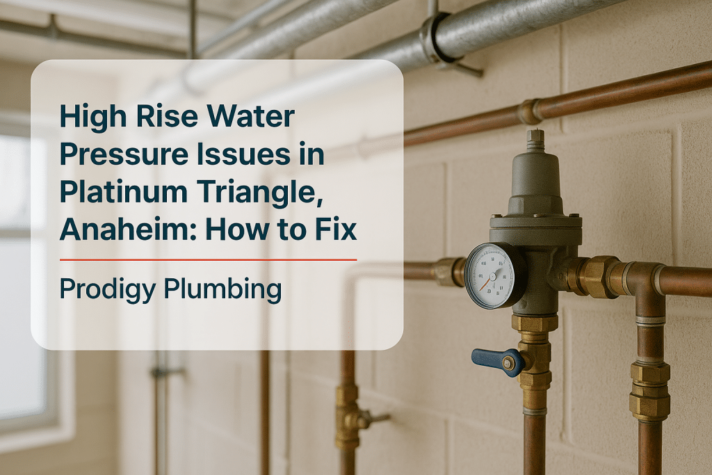 Water pressure regulator in a high-rise utility space, related to high rise water pressure issues by Prodigy Plumbing.