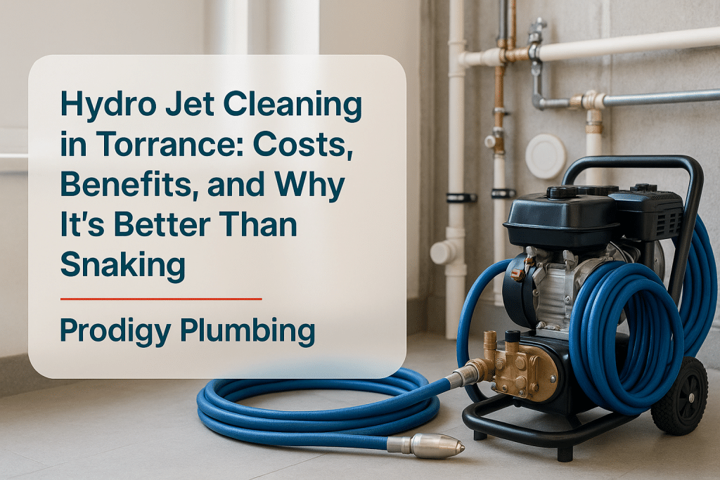Hydro jet cleaning machine in a residential utility area, showcasing equipment relevant to Prodigy Plumbing.