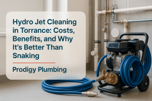 Hydro jet cleaning machine in a residential utility area, showcasing equipment relevant to Prodigy Plumbing.