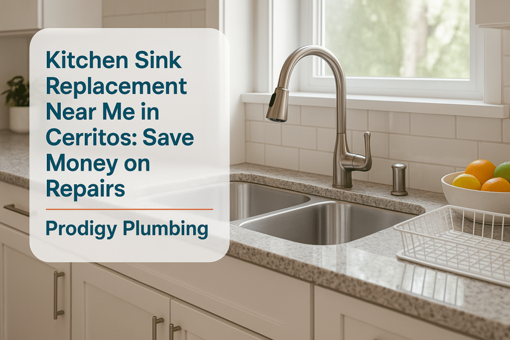New stainless steel kitchen sink installation illustrating kitchen sink replacement near me by Prodigy Plumbing.
