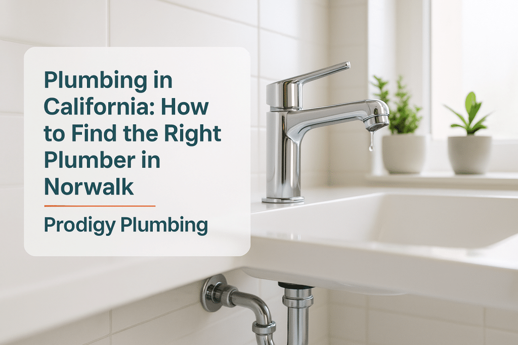 Modern bathroom sink with a chrome faucet and a minor water drip, showcasing plumbing in California by Prodigy Plumbing.